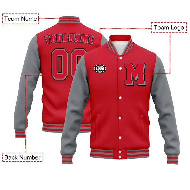 Men Custom Red Grey Letterman Two-Tone Baseball Jacket