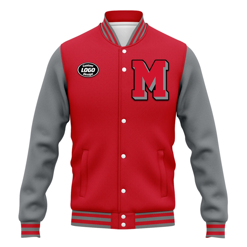 Men Custom Red Grey Letterman Two-Tone Baseball Jacket